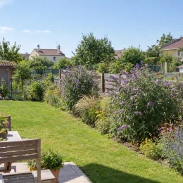 Arbre aux papillons à fleurs géantes 'Gulliver' (Buddleia × davidii) — massif fleuri le long d’une clôture de jardin