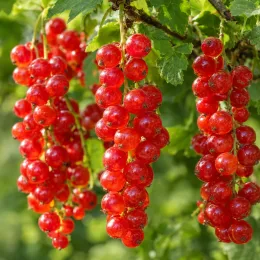 Groseillier à grappes 'Rolan' (Ribes rubrum) — grappes de petits fruits rouges brillants · Photo d'illustration