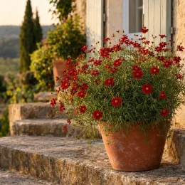 Coréopsis à grandes fleurs 'Limerock ruby' (Coreopsis grandiflora) — touffe de petites fleurs rouges en pot sur marche · Photo d'illustration