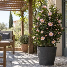 Camelia 'Pink goddess' (Camelia sasanqua) — arbuste fleuri rose en pot sur terrasse · Photo d'illustration