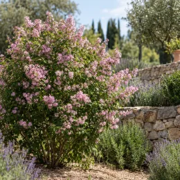 Deutzie 'Mont rose' (Deutzia) — arbuste fleuri rose dans jardin méditerranéen en terrasses