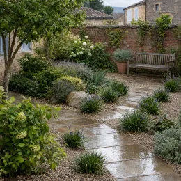 Dianella 'Little rev' (Dianella caerulea) — massif de graminées bordant une allée de jardin · Photo d'illustration