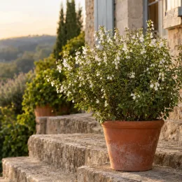 Sauge gregii 'Alba' (Salvia gregii) — arbuste fleuri blanc en pot sur marches en pierre · Photo d'illustration