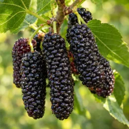 Mûrier à fruit rouge 'Illinois everbearing' (Morus) — grappes de fruits noirs allongés sur branche · Photo d'illustration