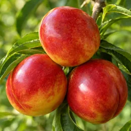 Nectarinier 'Silver giant' (Prunus persica) — trois gros fruits rouges sur feuillage vert