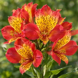 Alstrœmères (Alstroemeria lire) — grappes de fleurs rouges et jaunes tachetées · Photo d'illustration