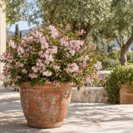 Deutzie compacte à fleurs roses 'Cherry blossom' (Deutzia × rosea) — arbuste fleuri en pot sur terrasse ensoleillée