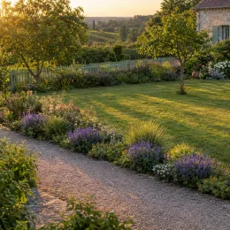 Sauge des bois 'New dimension blue' (Salvia nemorosa) — massif fleuri en bord d’allée gravillonnée au jardin · Photo d'illustration