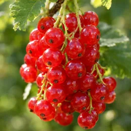 Groseillier à grappes 'Versaillaise rouge' (Ribes rubrum) — grappe dense de petits fruits rouges brillants · Photo d'illustration