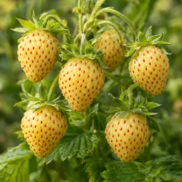 Fraisier des alpes 'Yellow wonder' (Fragaria vesca) — gros plan sur plusieurs fruits pâles mûrs · Photo d'illustration