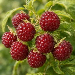 Framboisier nain arctique 'Marika' (Rubus arcticus) — gros plan de fruits rouges rassemblés · Photo d'illustration