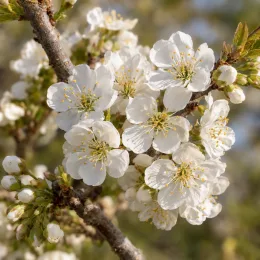 Cerisier 'Noire de meched' (Prunus avium) — grappe de fleurs blanches sur branche