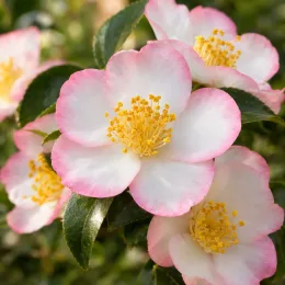 Camélia du japon 'Beauty blush' (Camellia japonica) — fleurs simples blanches bordées de rose vif