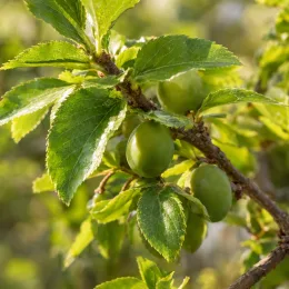 Prunier saint julien n°2 'St julien n°2' (Prunus domestica) — branche avec fruits verts et feuillage dense · Photo d'illustration