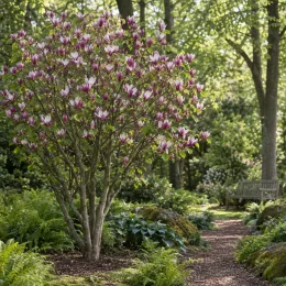 Magnolia de soulange 'Lennei' (Magnolia soulangeana) — grand arbuste fleuri dans un jardin boisé