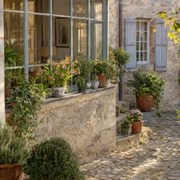 Orchidée 'Goodale moir' (Miltassia) — terrasse en pierre avec orchidées en pots fleuris