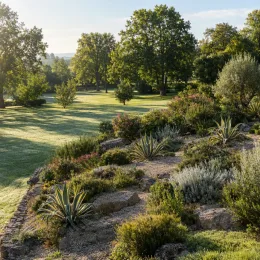 Agave américaine 'Variegata' (Agave americana) — grand jardin avec massif sec en pente