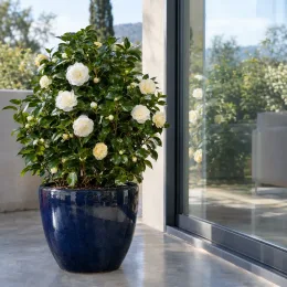 Camélia du japon 'Dahlenoga creme' (Camellia japonica) — arbuste fleuri en pot bleu près d’une baie vitrée · Photo d'illustration