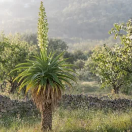 Pluie d'étoiles du mexique (Furcraea longaeva) — plante graphique dressée avec grand épi floral central · Photo d'illustration