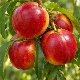 Nectarinier 'Venus' (Prunus persica) — gros plan sur fruits ronds rouges brillants