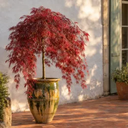 Érable du japon 'Cascade crimson' (Acer palmatum) — arbre ornemental au feuillage rouge retombant en pot