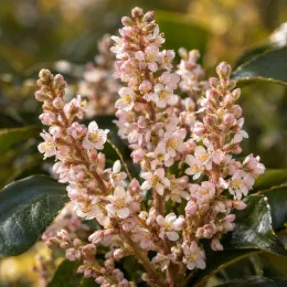 Néflier hybride 'Coppertone' (× Rhaphiobotrya) — grappes de petites fleurs rosées sur feuillage