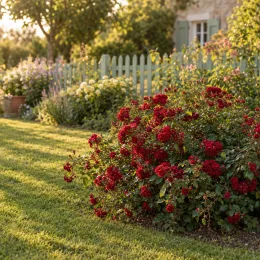 Rosier couvre-sol 'Fairy donkerrood' (Rosa) — massif de petites fleurs rouges au jardin · Photo d'illustration
