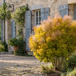 Arbre à perruque 'Golden lady' (Cotinus coggygria) — grand arbuste rond aux fleurs plumeuses devant maison