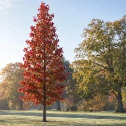 Chêne 'Mauri' (Quercus) — arbre isolé aux feuilles rouges dans un parc · Photo d'illustration