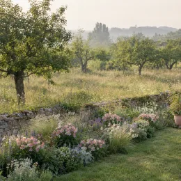Alstrœmères (Alstroemeria) — massif de vivaces fleuries le long d’un muret · Photo d'illustration