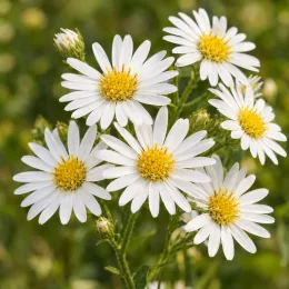 Aster japonais 'Alba' (Kalimeris incisa) — grappes de petites fleurs blanches à cœur jaune