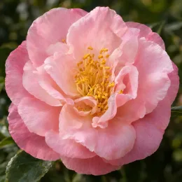 Camelia 'Show girl' (Camelia sasanqua) — gros plan de fleur rose épanouie · Photo d'illustration