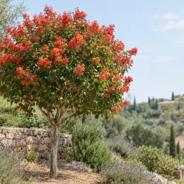 Lilas des indes (Lagerstroemia) — arbre fleuri isolé sur restanque en pierre · Photo d'illustration