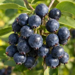 Amélanchier à feuille d'aulne 'Thiessen' (Amelanchier alnifolia) — grappe de petits fruits ronds bleu foncé · Photo d'illustration