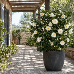Camelia 'Janet waterhouse' (Camelia japonica) — arbuste fleuri en grand pot sur terrasse · Photo d'illustration