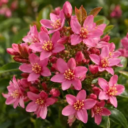 Aubépine des indes 'Coates crimson' (Rhaphiolepis delacourii) — gros plan de petites fleurs roses ouvertes · Photo d'illustration