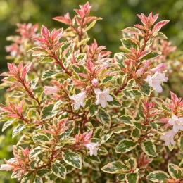 Abélia 'Pink lady' (Abelia grandiflora) — rameaux denses au feuillage panaché et fleurs · Photo d'illustration
