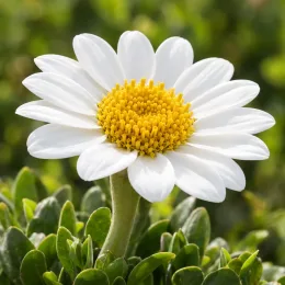 Pachystegia (Pachystegia insignis) — fleur blanche à cœur jaune au-dessus du feuillage · Photo d'illustration