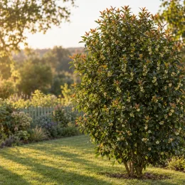 Osmanthe armée (Osmanthus armatus) — grand arbuste fleuri isolé sur pelouse ensoleillée · Photo d'illustration