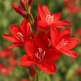 Lis des cafres (Schizostylis coccinea) — grappes de fleurs rouges aux étamines blanches · Photo d'illustration