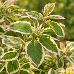 Cornouiller à feuilles alternes 'Pinky spot' (Cornus alternifolia) — gros plan sur feuillage panaché vert blanc rosé · Photo d'illustration