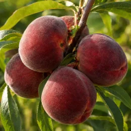 Pêcher 'Sanguine' (Prunus persica) — groupe de gros fruits rouges sur branche feuillue · Photo d'illustration