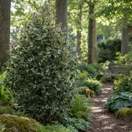Houx commun 'Ferox argentea' (Ilex aquifolium) — arbuste persistant dressé dans un massif ombragé · Photo d'illustration