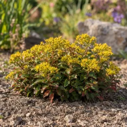 Orpin russe 'Floriferum weihenstephaner gold' (Sedum kamtschaticum) — touffe compacte aux petites fleurs jaunes étoilées · Photo d'illustration