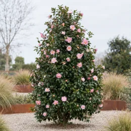 Camelia 'Show girl' (Camelia sasanqua) — arbuste dressé couvert de fleurs roses · Photo d'illustration