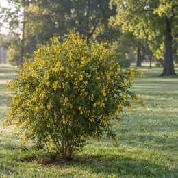Sophora nain 'Dragon's gold' (Sophora microphylla) — arbuste arrondi couvert de petites fleurs jaunes · Photo d'illustration