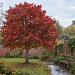 Chêne sargent 'Thomas' (Quercus × sargentii) — arbre au feuillage rouge dans un jardin · Photo d'illustration