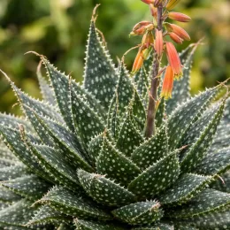 Résistant au sec et au gel (Aloe aristata) — rosette dense de feuilles succulentes tachetées avec fleurs · Photo d'illustration