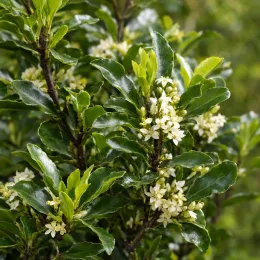 Pittospore 'Irish luck' (Pittosporum tenuifolium) — feuillage luisant avec petites fleurs crème · Photo d'illustration