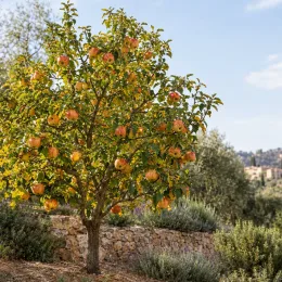 Pommier 'Benedictin' (Malus domestica) — arbre fruitier chargé de gros fruits colorés